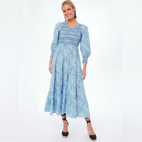 Pink City Prints Ornate Sky Isabel Midi Dress Floral Long Sleeve Smocked